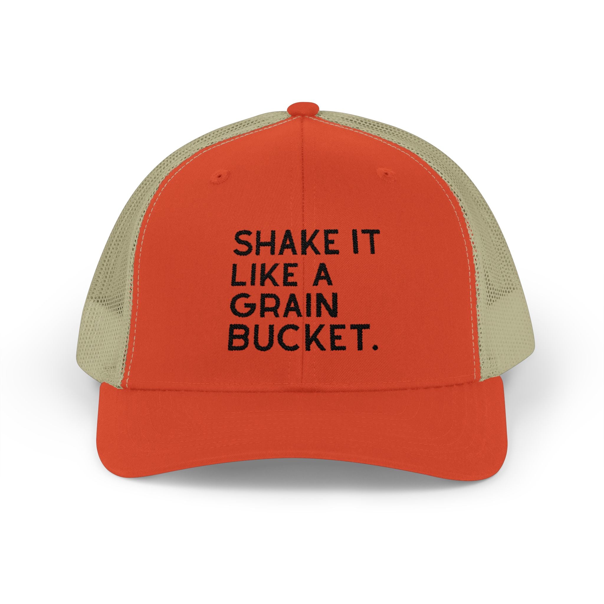 Embroidered Shake It Like A Grain Bucket Trucker Hat Embroidered TCC Hat The Cinchy Cowgirl - Print Rustic Orange / Khaki