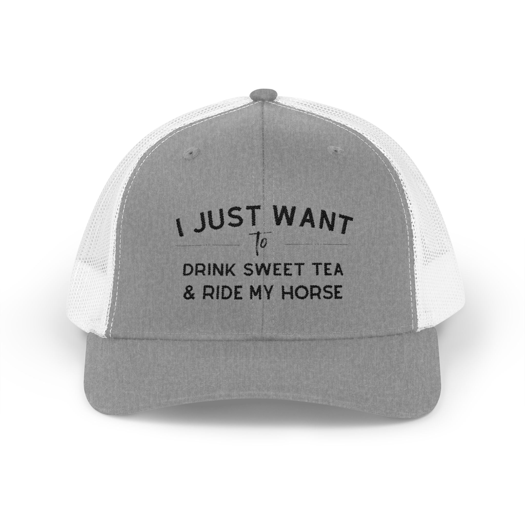 I Just Want To Drink Sweet Tea and Ride My Horse Trucker Hat Hats The Cinchy Cowgirl - Print Heather Grey / White One size