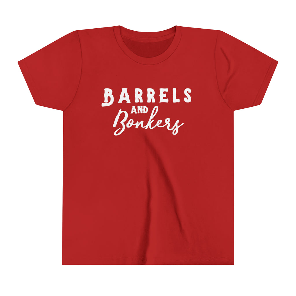 Red youth short sleeve with white lettering reading "Barrels and Bonkers".