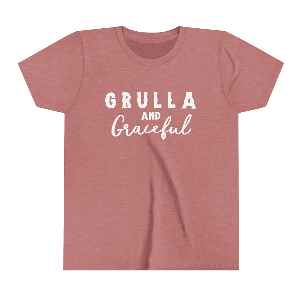 Mauve youth short sleeve white white lettering reading "Grulla and Graceful". 