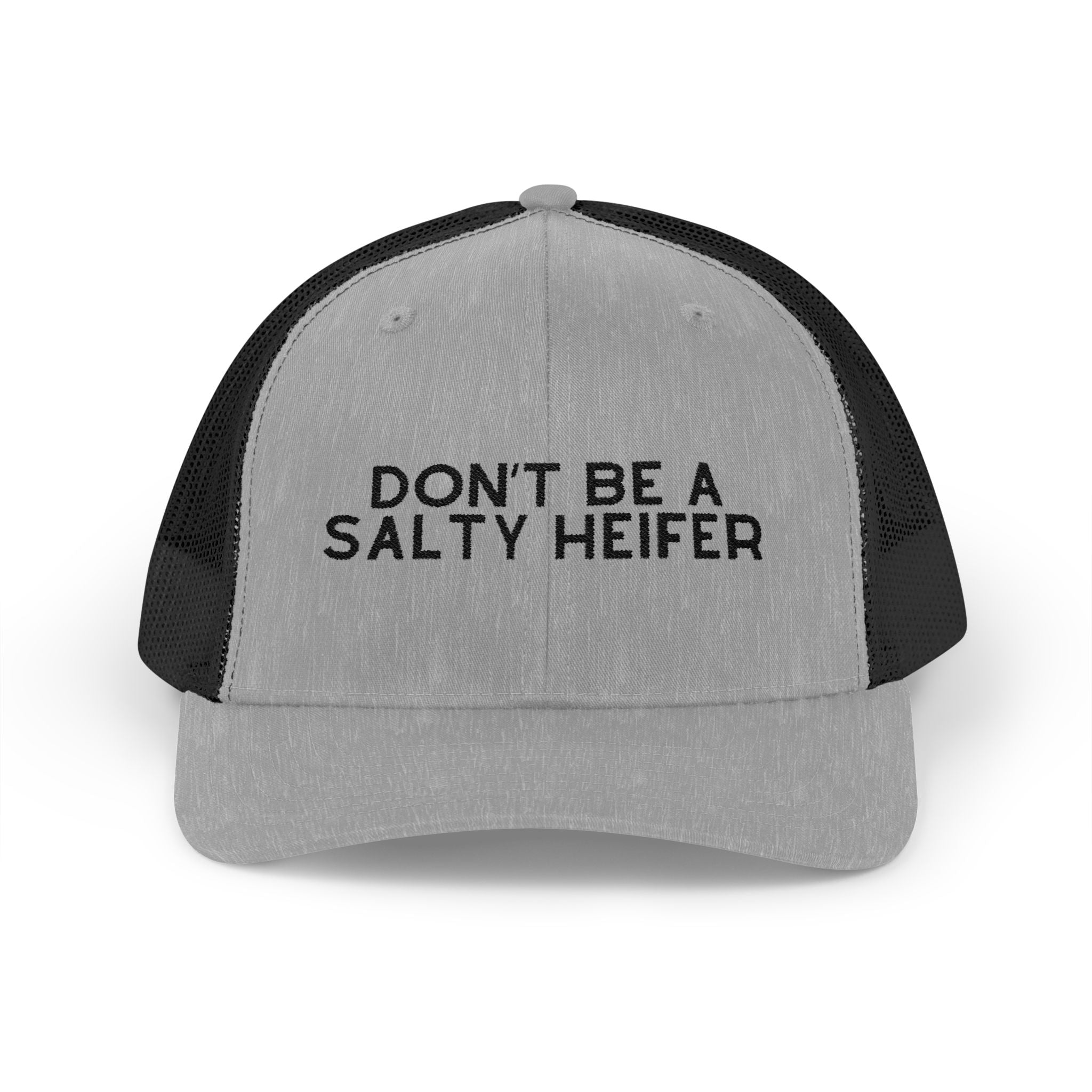 Embroidered Don't Be A Salty Heifer Trucker Hat Embroidered TCC Hat The Cinchy Cowgirl- Print Heather Grey / Black