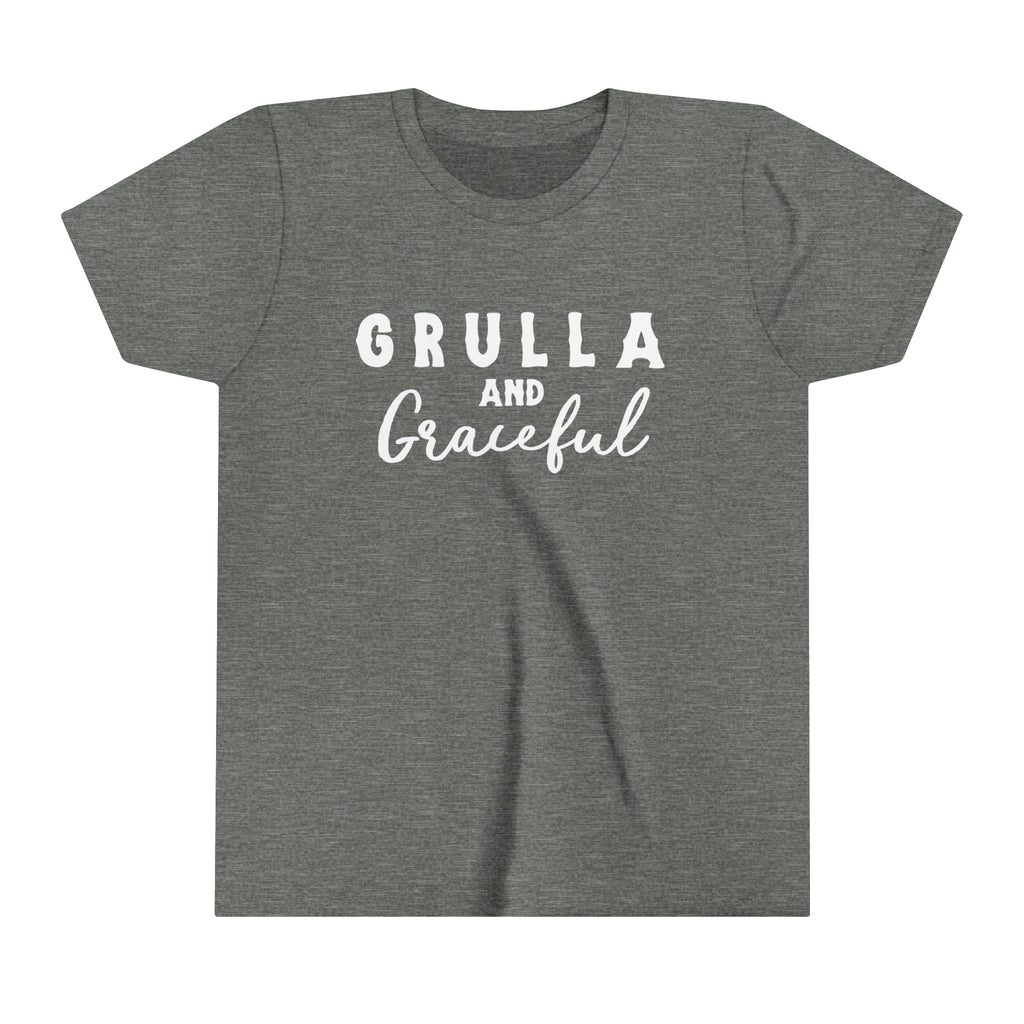 Grey youth short sleeve white white lettering reading "Grulla and Graceful". 