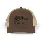 Embroidered Coffee Scripture and Horses Trucker Hat [23 Colors] Embroidered TCC Hat The Cinchy Cowgirl - Print Brown / Khaki
