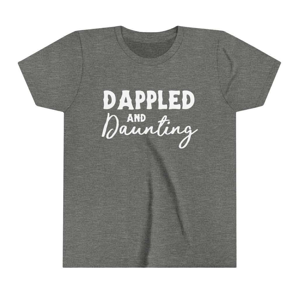 grey youth short sleeve with white lettering reading "Dappled and Daunting". 