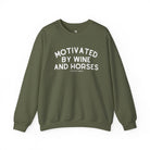Motivated By Wine & Horses Fleece Pullover Sweatshirt The Cinchy Cowgirl - Print S Military Green