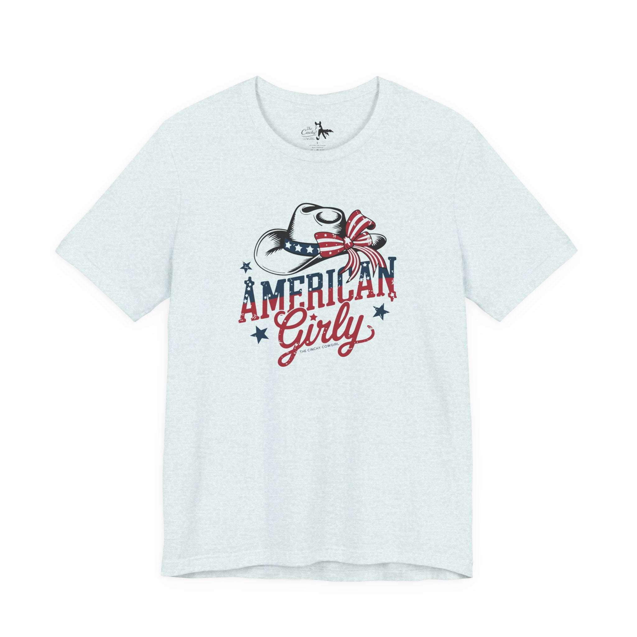 Patriotic American Girly Short Sleeve Tee Graphic Tee The Cinchy Cowgirl - Print Heather Ice Blue XS
