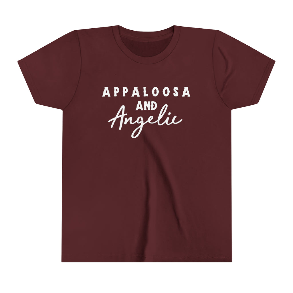 Western maroon youth short sleeve with white lettering that reads "Appaloosa & Angelic".