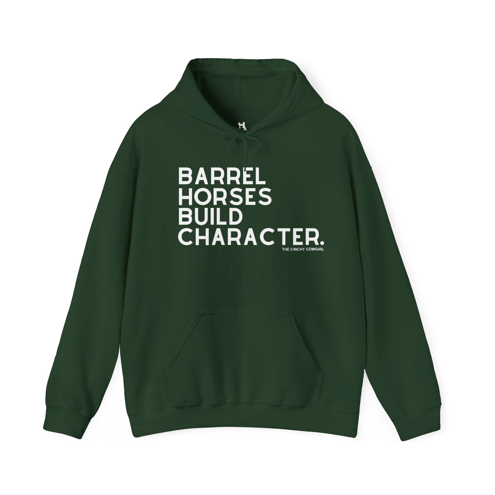 Barrel Horses Build Character Hoodie Graphic Hoodie The Cinchy Cowgirl - Print Forest Green S