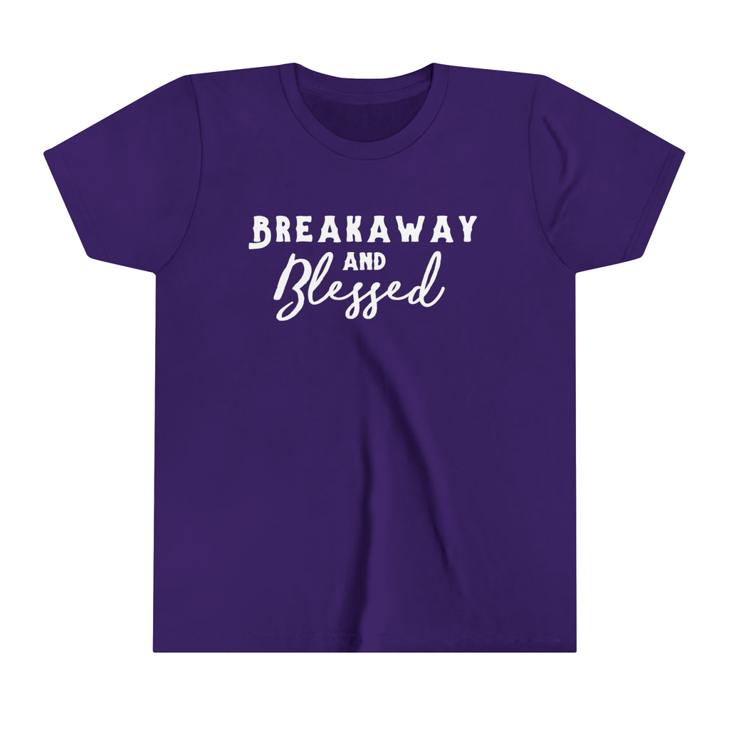 Purple youth short sleeve with white lettering reading "Breakaway and Blessed".