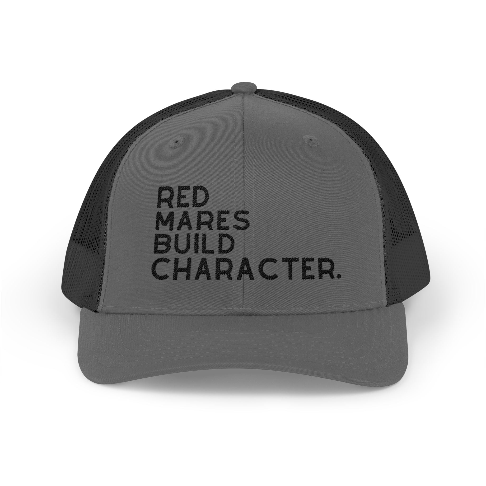 Red Mares Build Character Trucker Hat Embroidered TCC Hat The Cinchy Cowgirl - Print Charcoal / Black