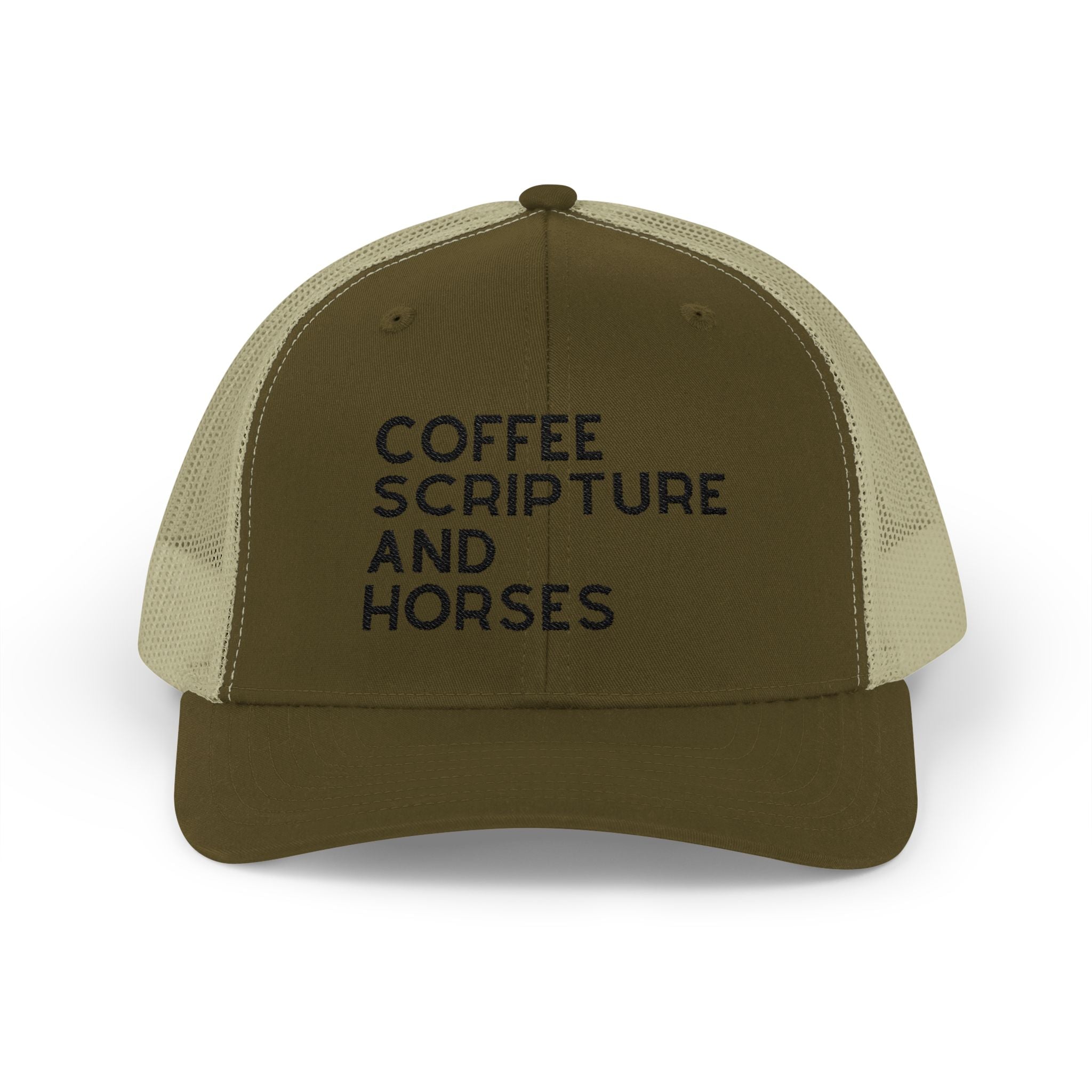 Embroidered Coffee Scripture and Horses Trucker Hat [23 Colors] Embroidered TCC Hat The Cinchy Cowgirl - Print Moss / Khaki
