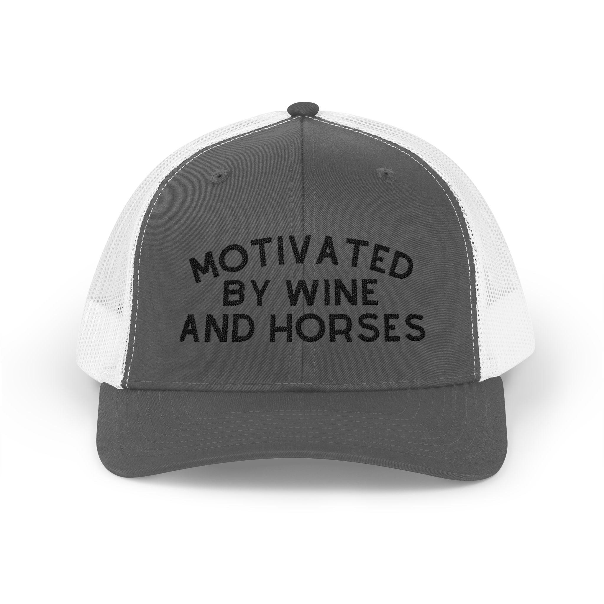 Motivated by Wine & Horses Trucker Hat Embroidered TCC Hat The Cinchy Cowgirl - Print Charcoal / White