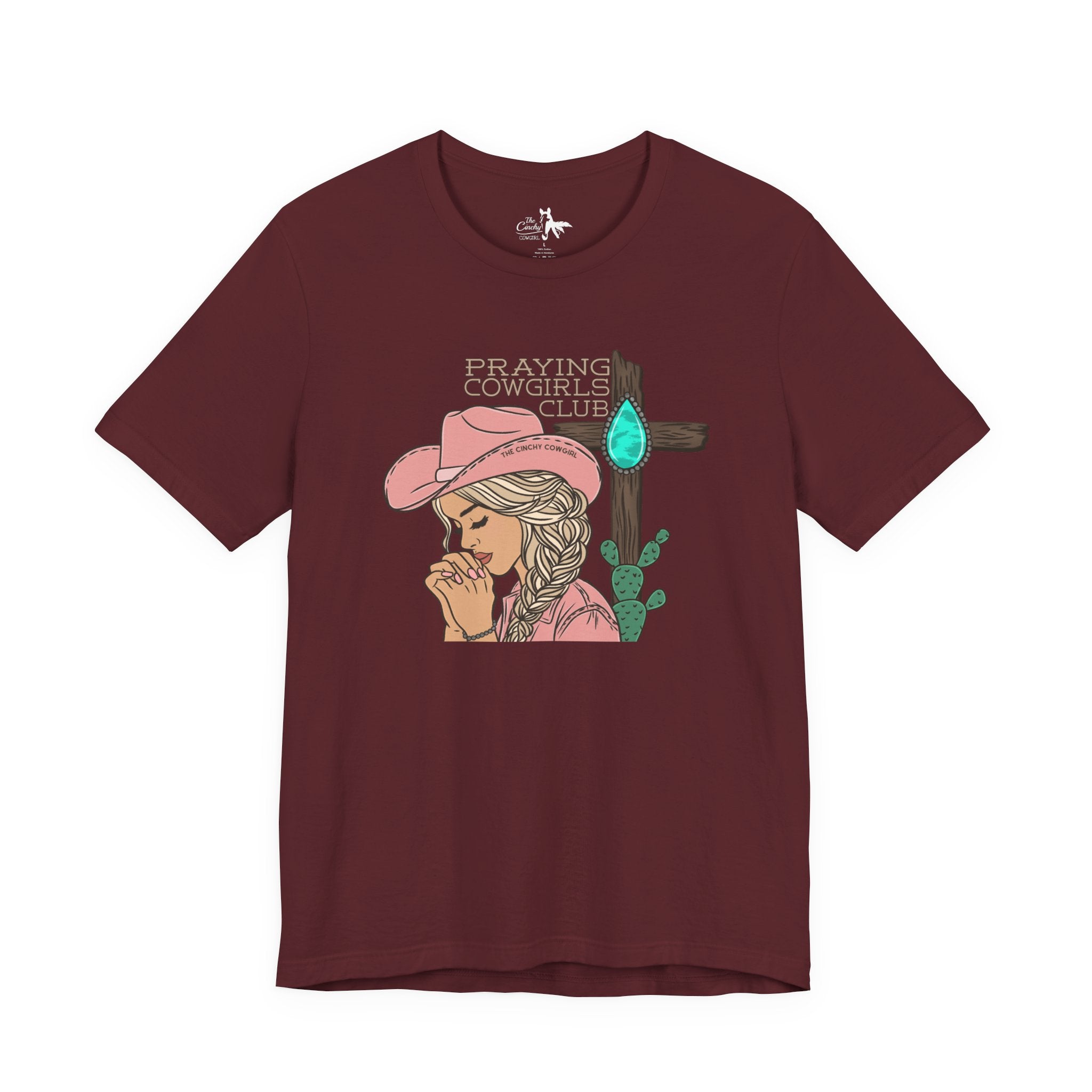 Praying Cowgirls Club Short Sleeve Tee Graphic Tee The Cinchy Cowgirl - Print Maroon XS