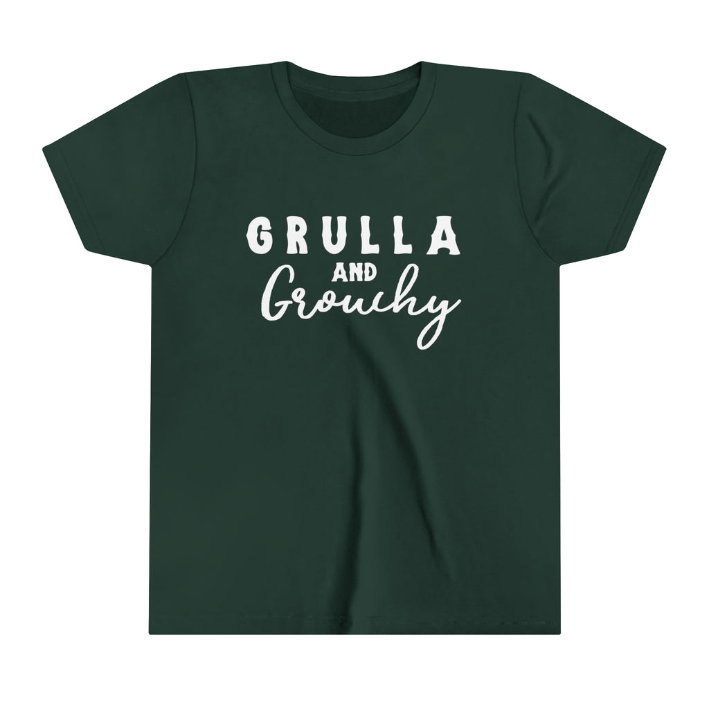 Forest youth short sleeve with white lettering reading "Grulla and Grouchy".