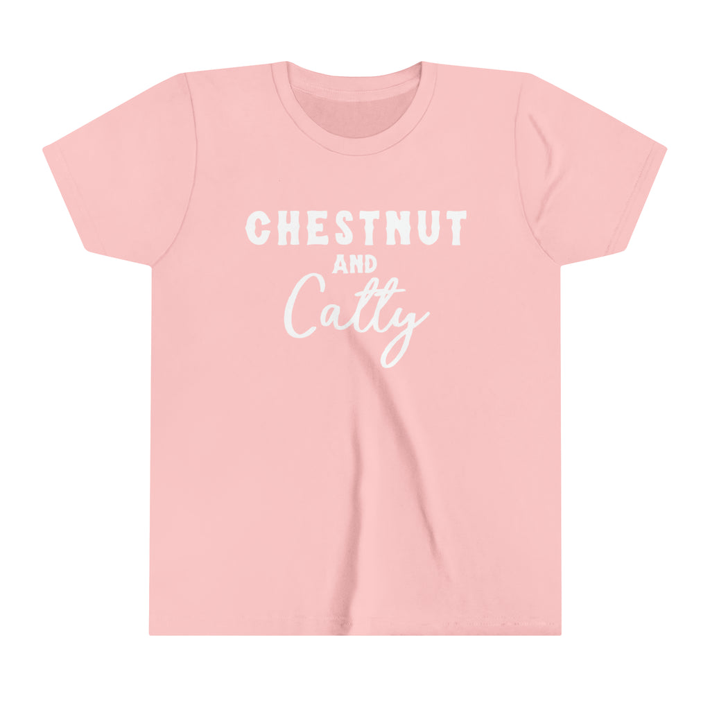 Pink youth short sleeve with white lettering reading "Chestnut and Catty". 