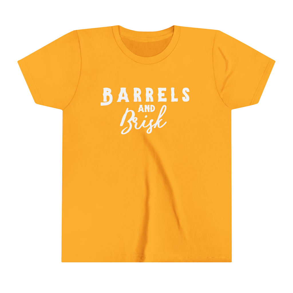 Gold youth short sleeve with white lettering reading "Barrels and Brisk".