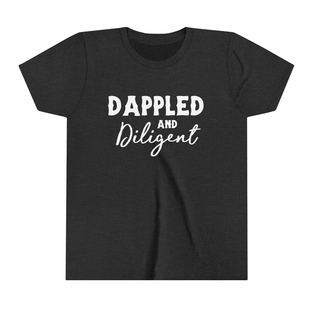 Dark grey youth short sleeve with white lettering reading "Dappled and Diligent". 