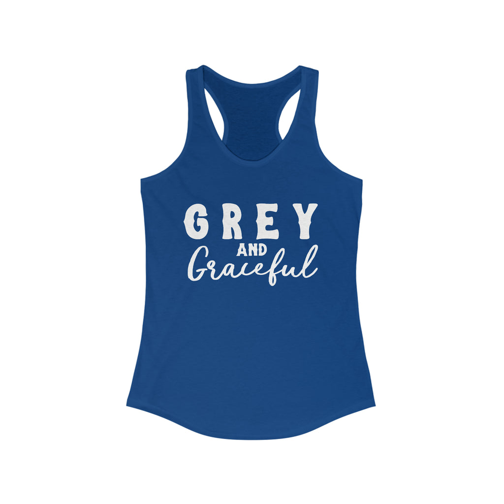 Royal tank top with white lettering reading "Grey and Graceful". 