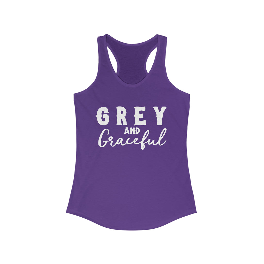 Purple tank top with white lettering reading "Grey and Graceful". 