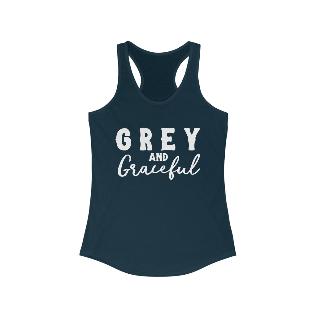 Navy tank top with white lettering reading "Grey and Graceful". 