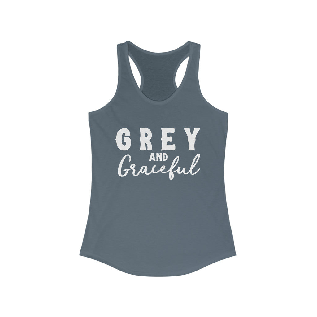 Indigo tank top with white lettering reading "Grey and Graceful". 