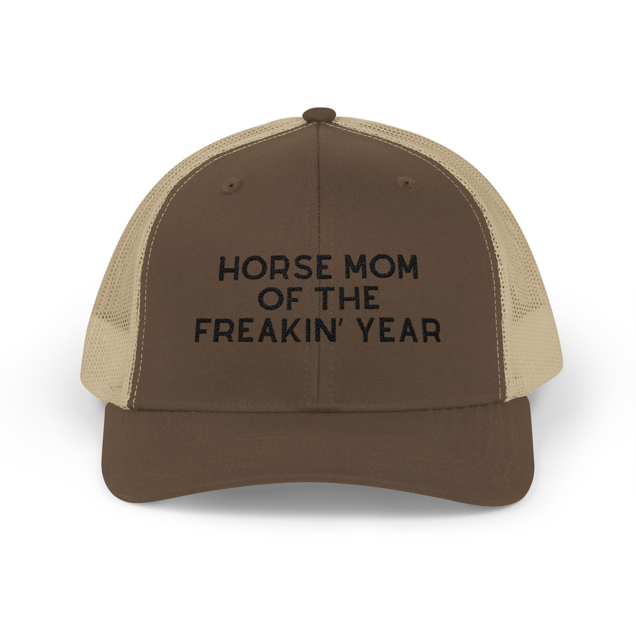 Horse Mom of the Freakin' Year Trucker Hat Embroidered TCC Hat The Cinchy Cowgirl - Print Brown / Khaki