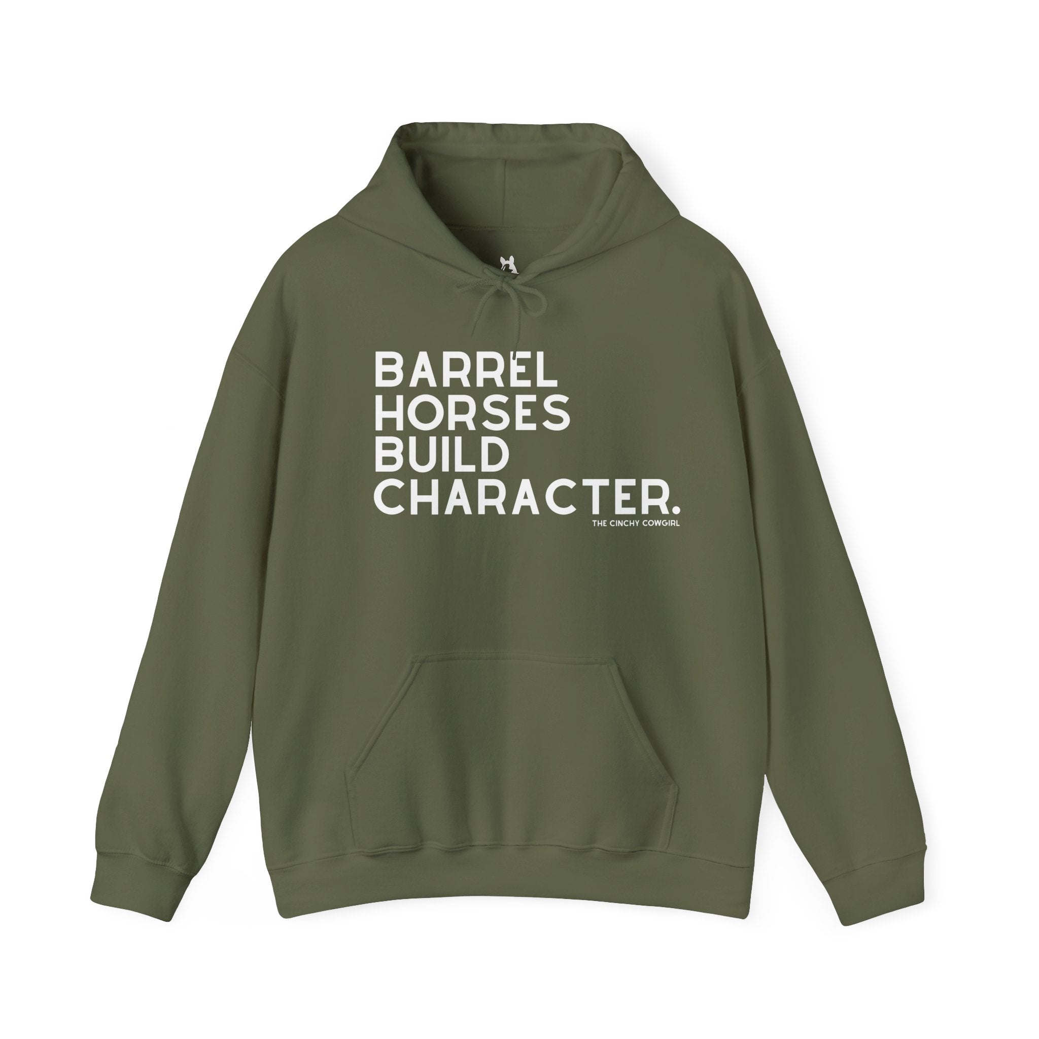 Barrel Horses Build Character Hoodie Graphic Hoodie The Cinchy Cowgirl - Print Military Green S