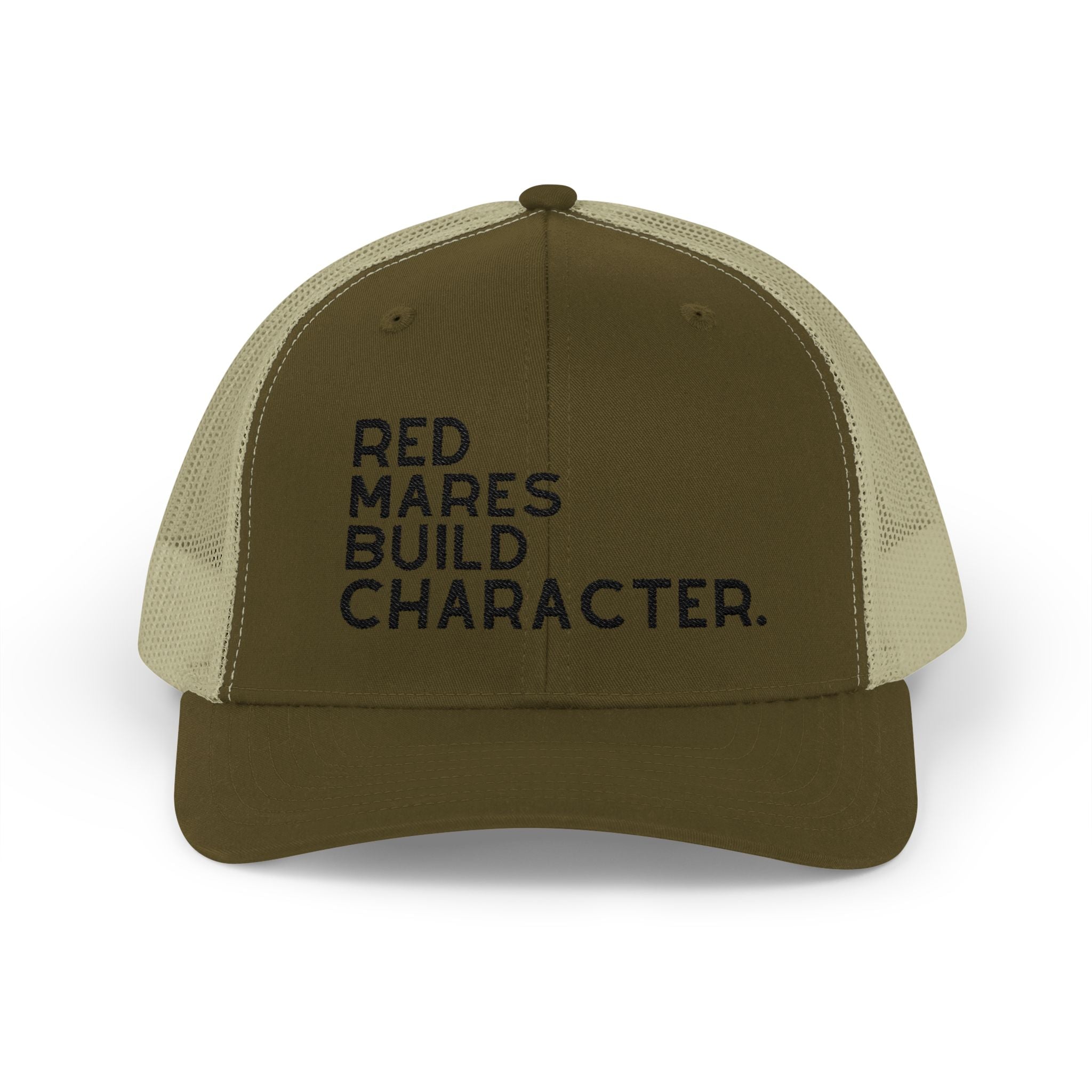 Red Mares Build Character Trucker Hat Embroidered TCC Hat The Cinchy Cowgirl - Print Moss / Khaki