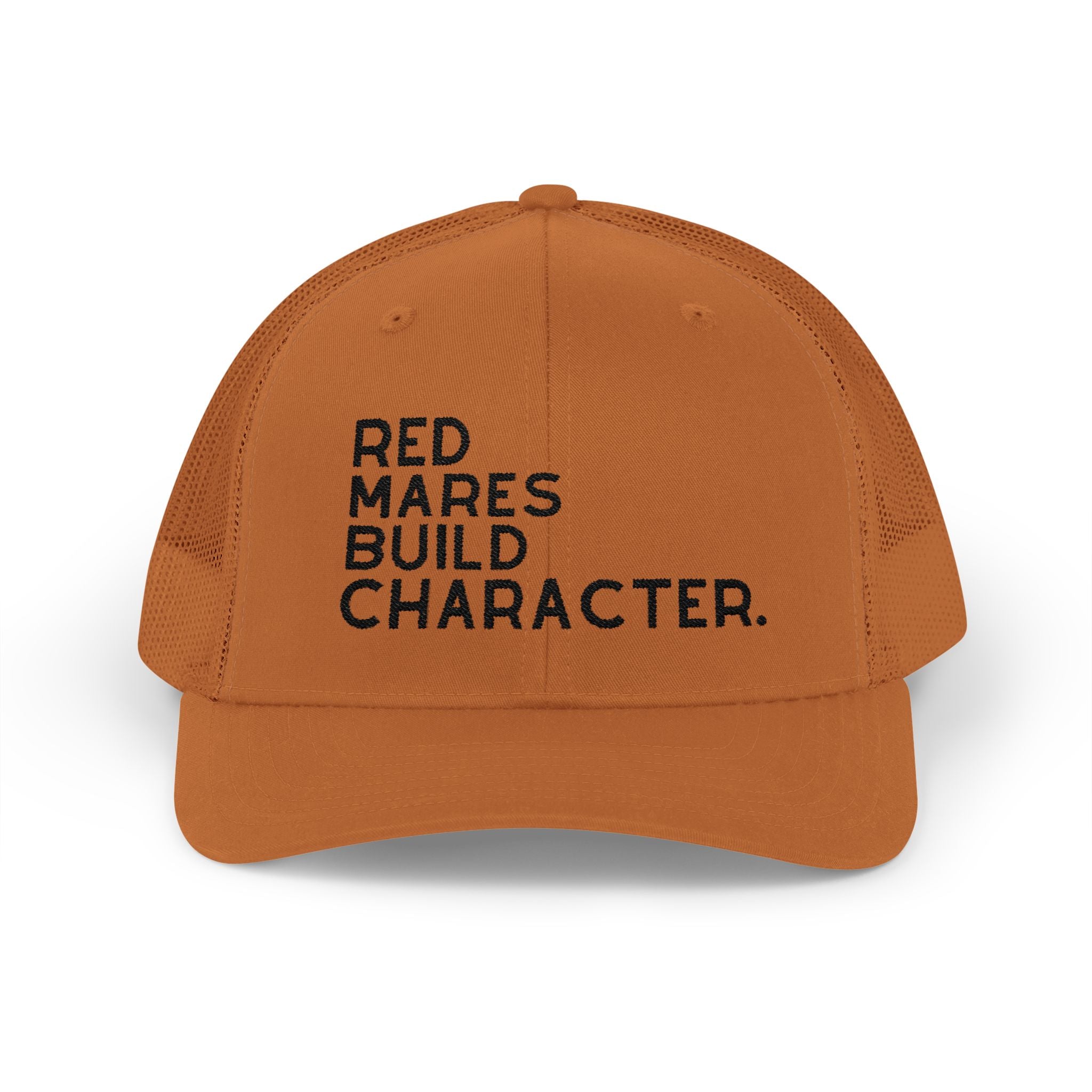 Red Mares Build Character Trucker Hat Embroidered TCC Hat The Cinchy Cowgirl - Print Caramel