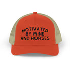 Motivated by Wine & Horses Trucker Hat Embroidered TCC Hat The Cinchy Cowgirl - Print Rustic Orange / Khaki