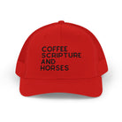 Embroidered Coffee Scripture and Horses Trucker Hat [23 Colors] Embroidered TCC Hat The Cinchy Cowgirl - Print Red
