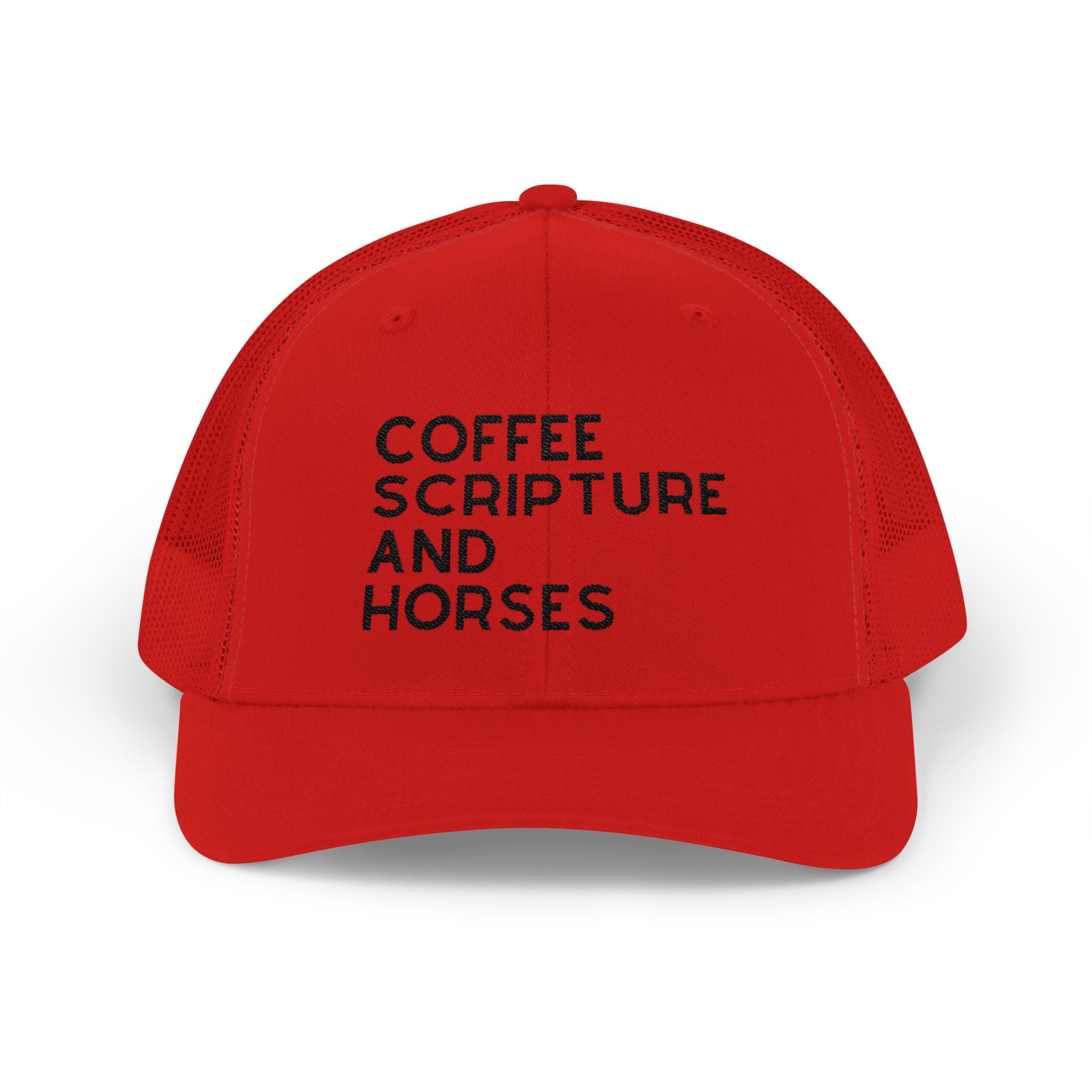 Embroidered Coffee Scripture and Horses Trucker Hat [23 Colors] Embroidered TCC Hat The Cinchy Cowgirl - Print Red