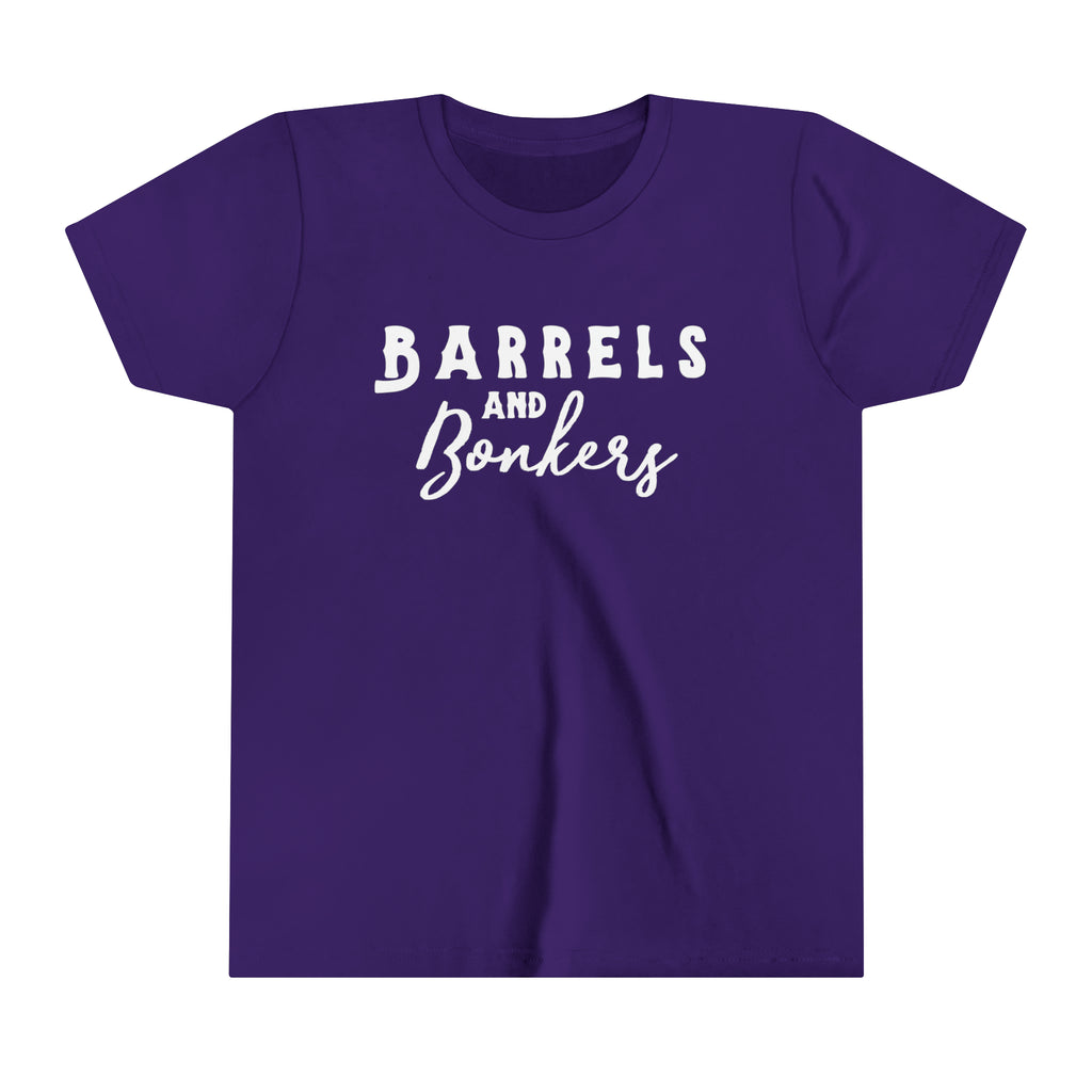Purple youth short sleeve with white lettering reading "Barrels and Bonkers".