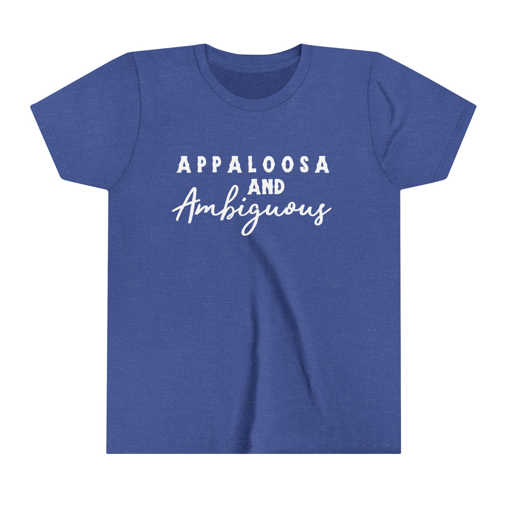 Western royal blue youth short sleeve with white lettering that reads "Appaloosa & Ambiguous".