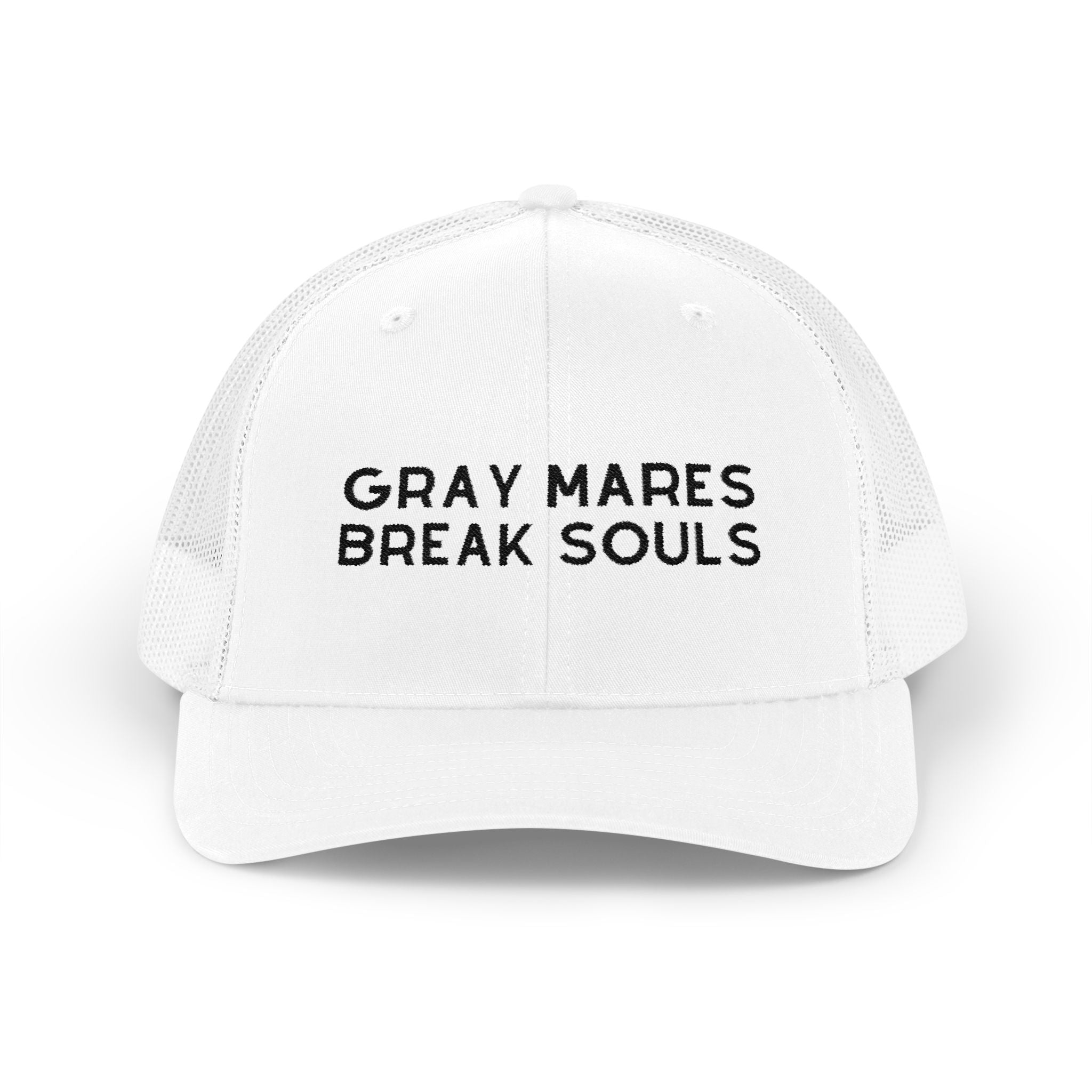 Gray Mares Break Souls Trucker Hat Embroidered TCC Hat The Cinchy Cowgirl - Print White