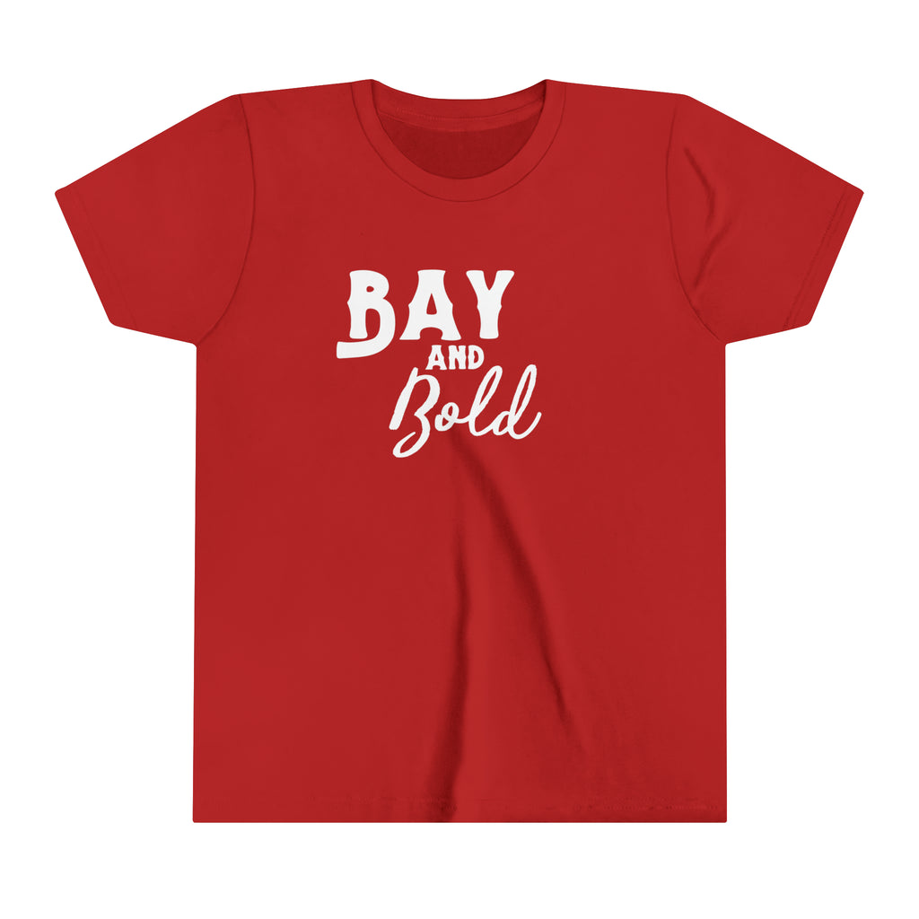 Red youth short sleeve with white lettering reading "Bay and bold".