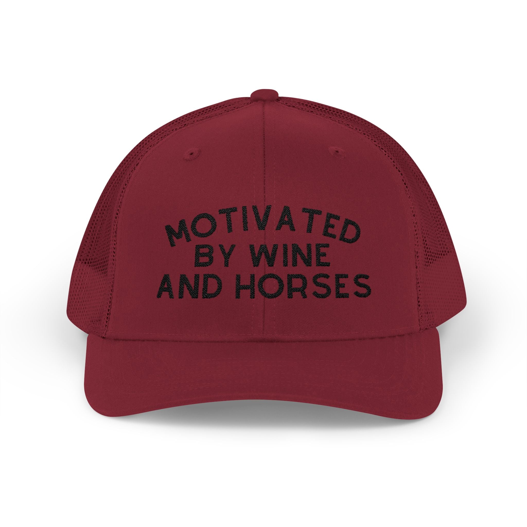 Motivated by Wine & Horses Trucker Hat Embroidered TCC Hat The Cinchy Cowgirl - Print Cranberry
