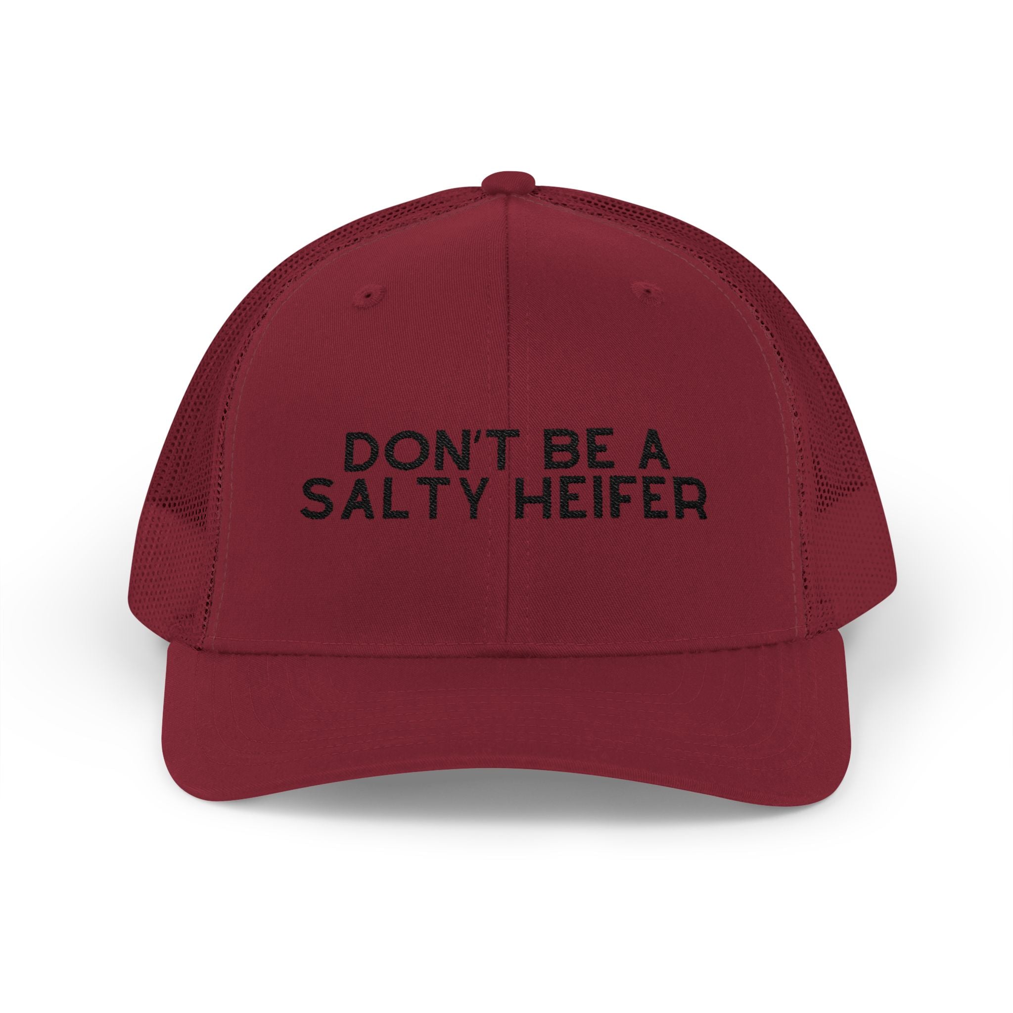 Embroidered Don't Be A Salty Heifer Trucker Hat Embroidered TCC Hat The Cinchy Cowgirl- Print Cranberry