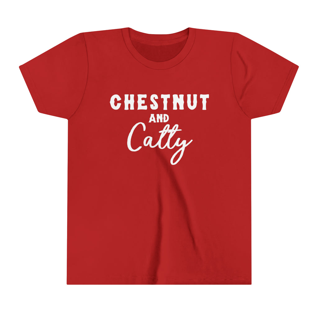 Red youth short sleeve with white lettering reading "Chestnut and Catty". 