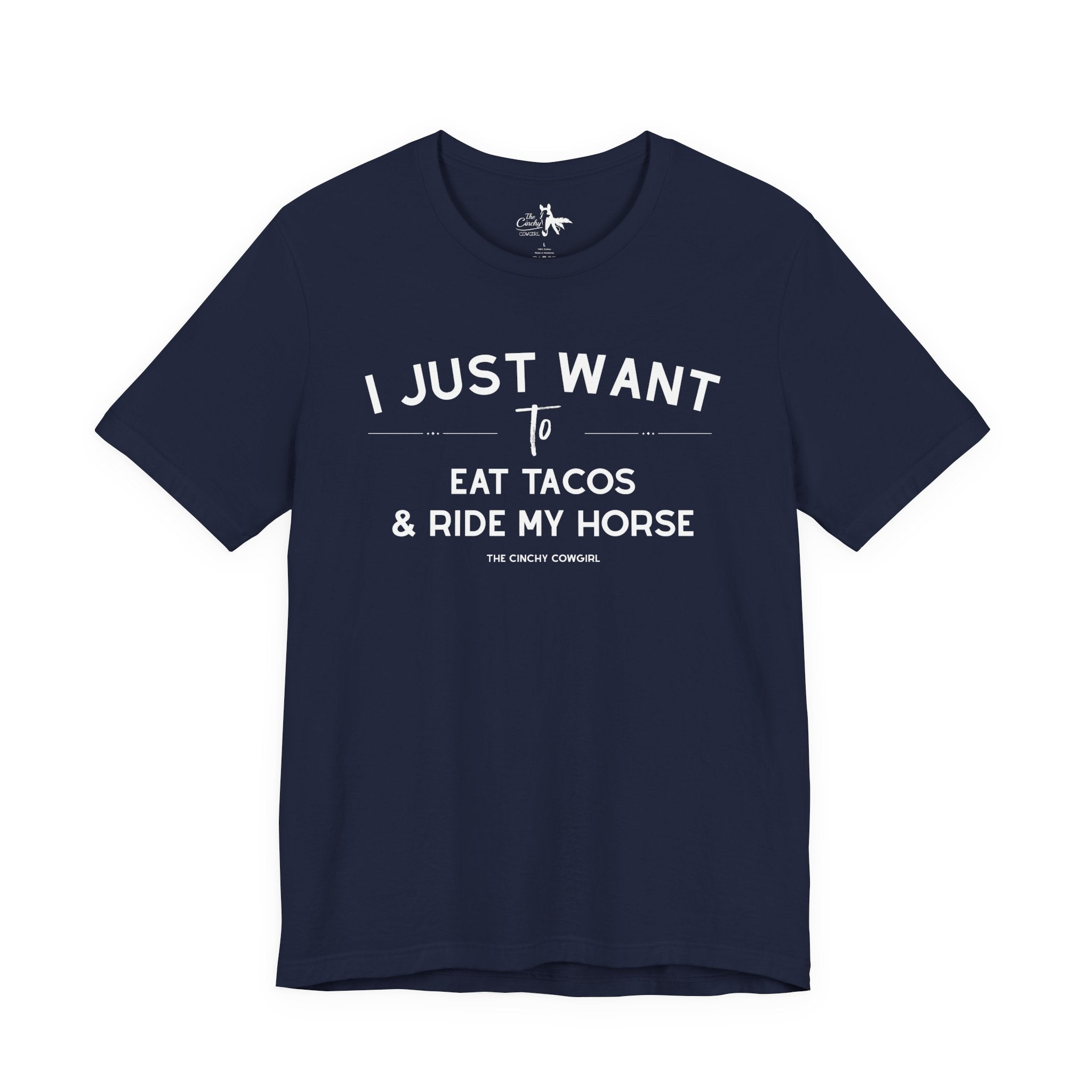 I Just Want To Eat Tacos And Ride My Horse Short Sleeve Tee T-Shirt The Cinchy Cowgirl - Print Navy XS