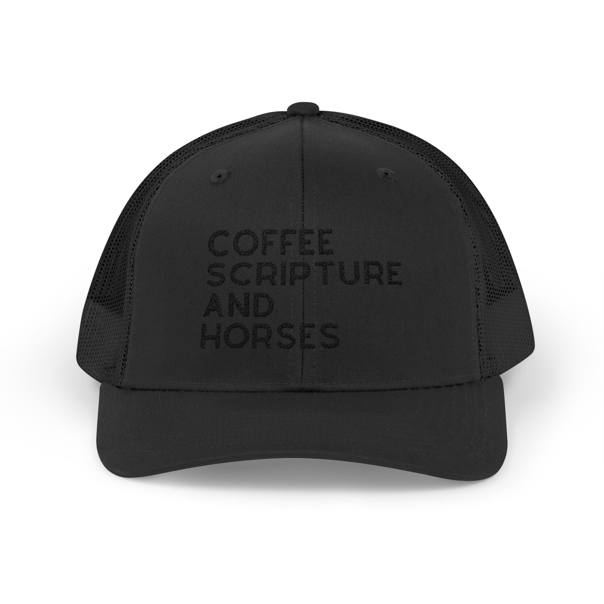 Embroidered Coffee Scripture and Horses Trucker Hat [23 Colors] Embroidered TCC Hat The Cinchy Cowgirl - Print Black