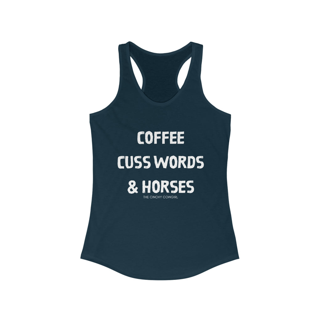 Coffee, Cuss Words, & Horses Racerback Tank tcc graphic tee Printify XS Solid Midnight Navy 