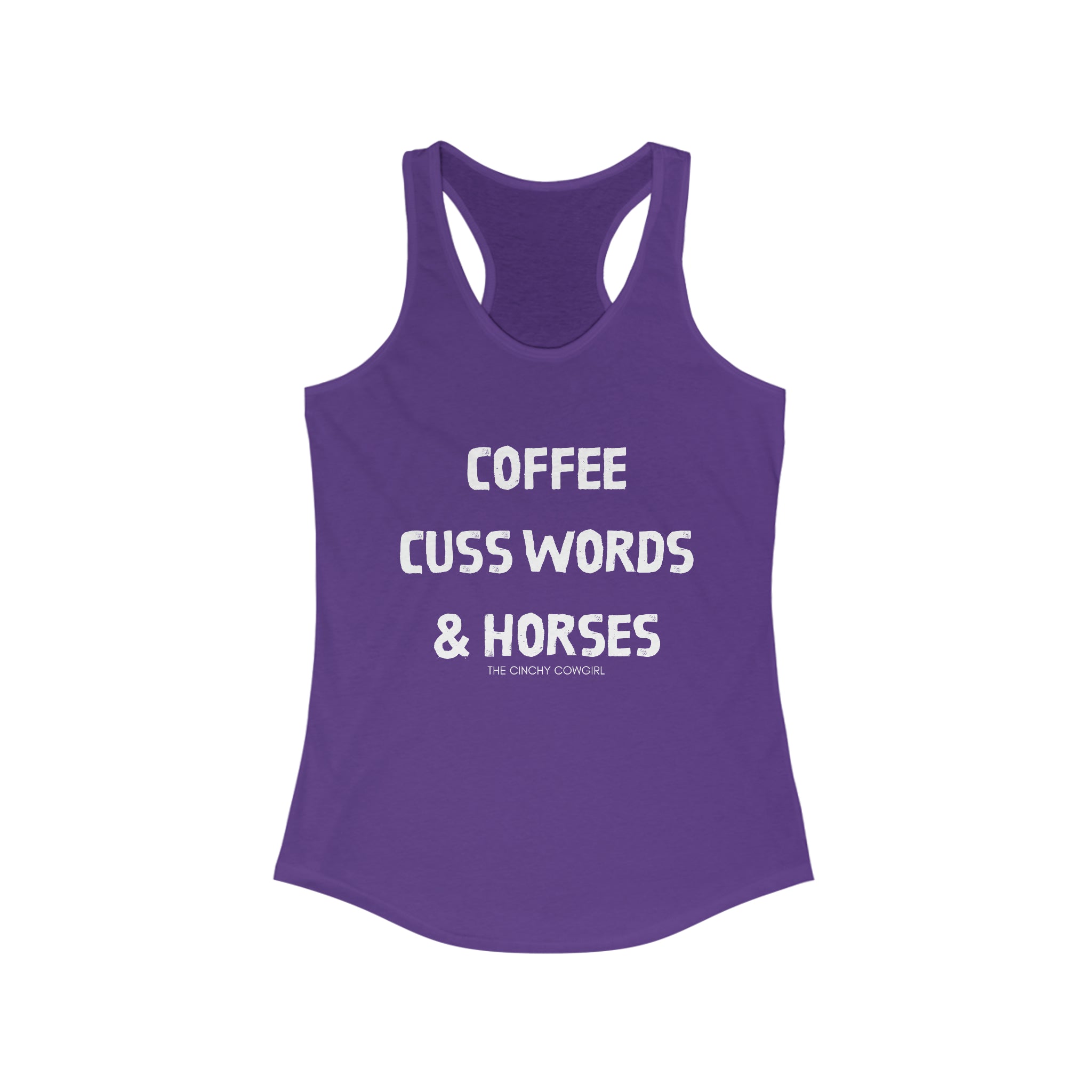 Coffee, Cuss Words, & Horses Racerback Tank tcc graphic tee Printify XS Solid Purple Rush
