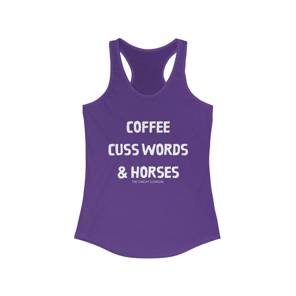 Coffee, Cuss Words, & Horses Racerback Tank tcc graphic tee Printify S Solid Purple Rush 