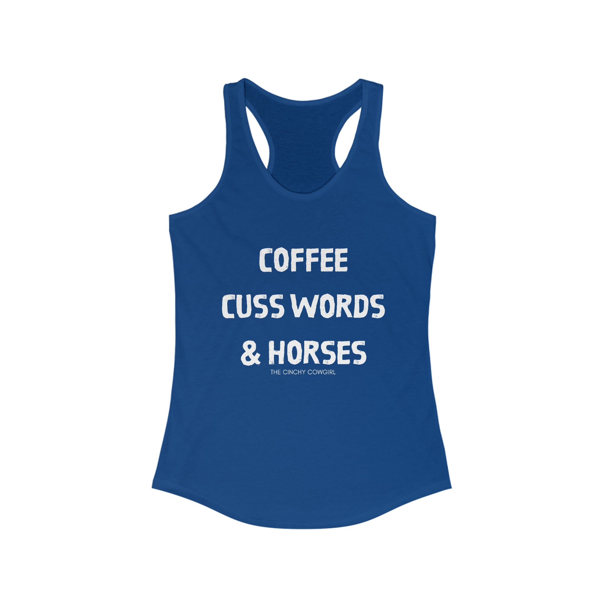 Coffee, Cuss Words, & Horses Racerback Tank tcc graphic tee Printify XS Solid Royal