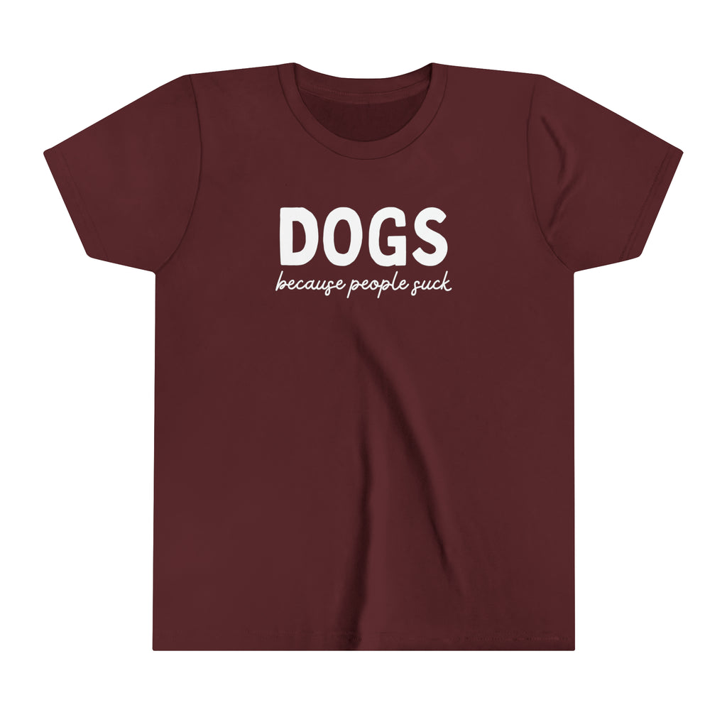 Maroon youth short sleeve with black lettering reading "Dog mom of the Freakin Year". 