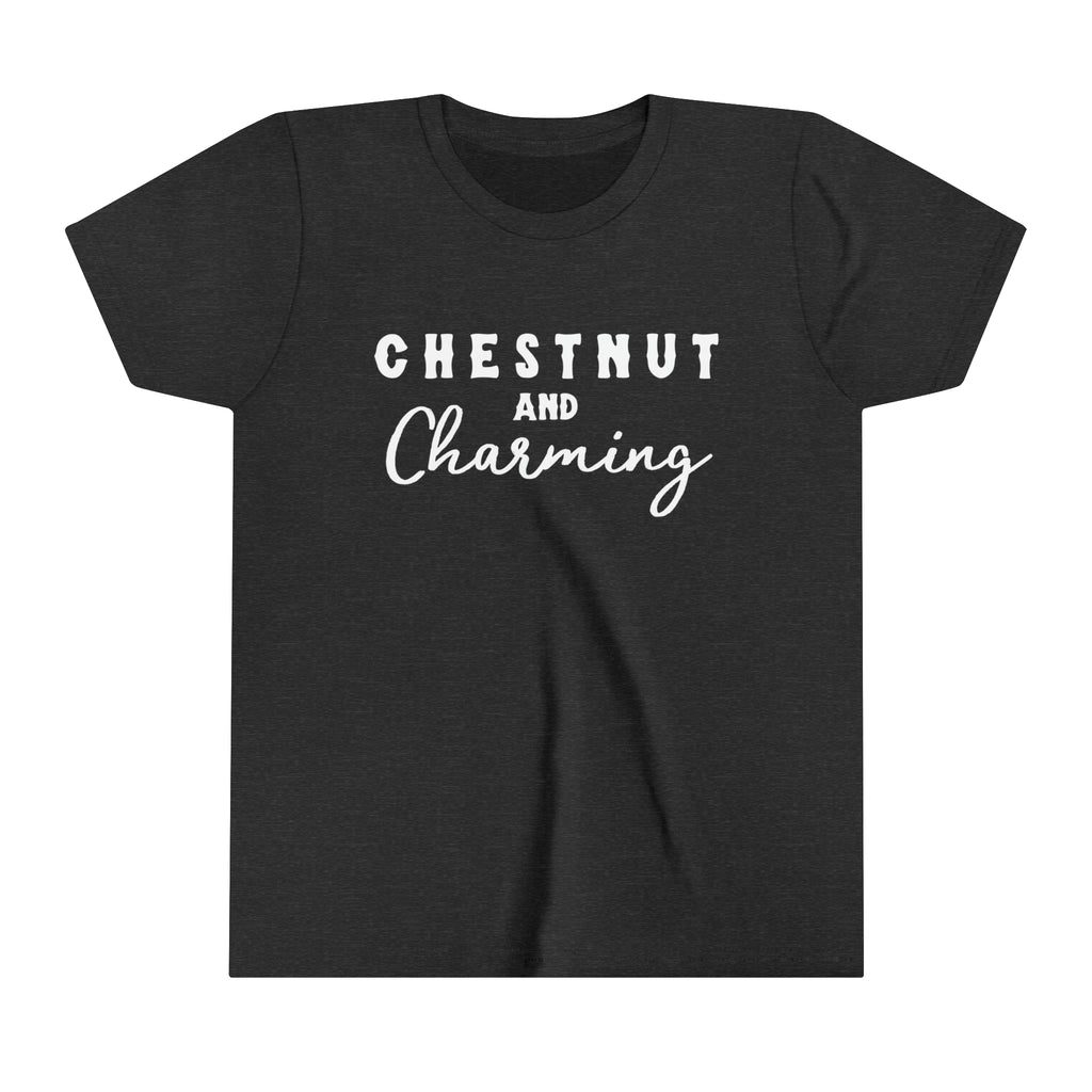 Dark grey youth short sleeve with white lettering reading "Chestnut and Charming". 