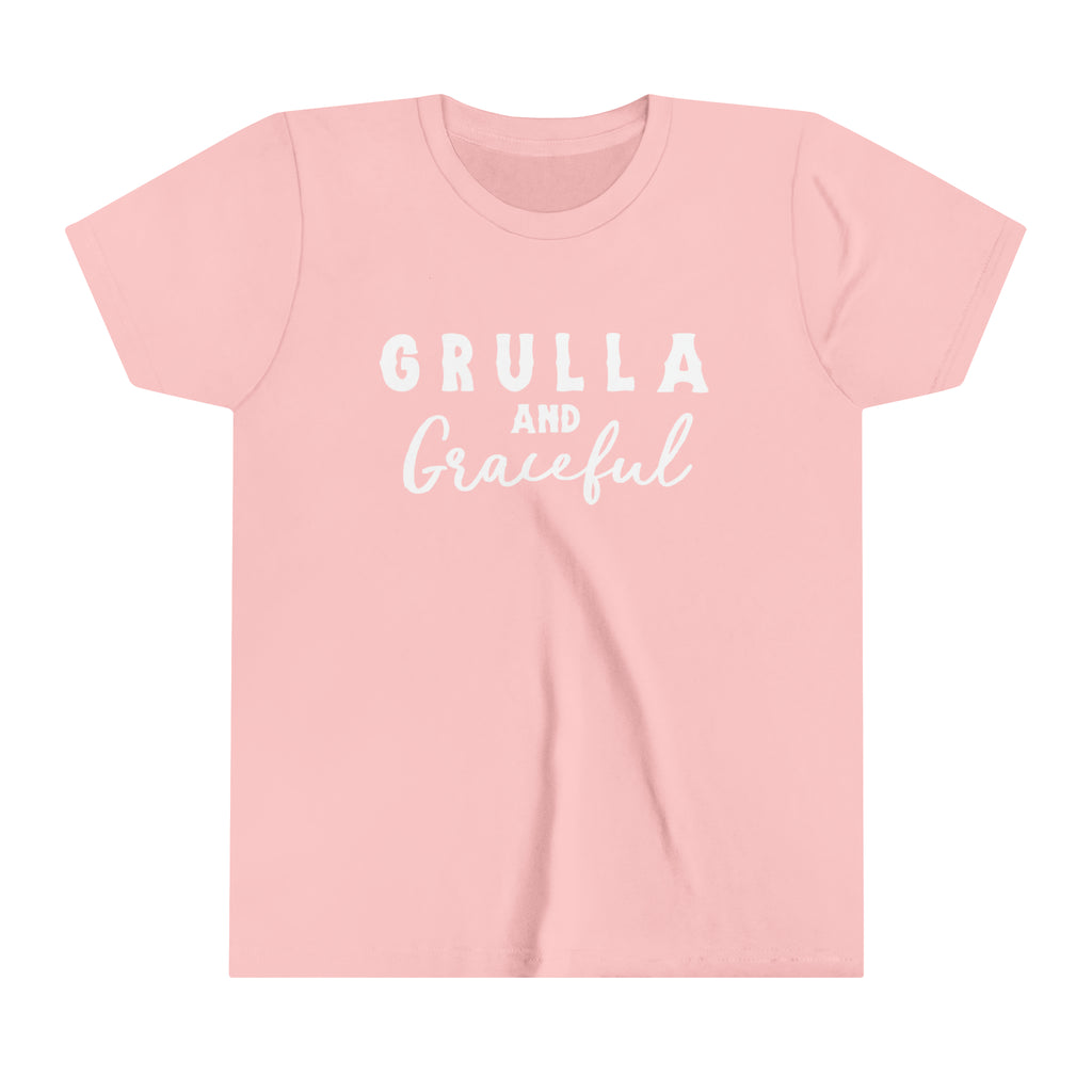 Pink youth short sleeve white white lettering reading "Grulla and Graceful". 