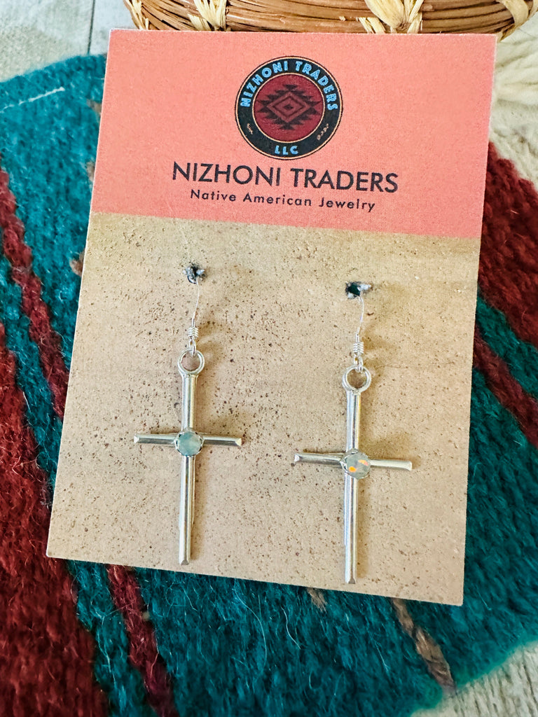 White Opal Cross Dangle Earrings m NT jewelry Nizhoni Traders LLC   