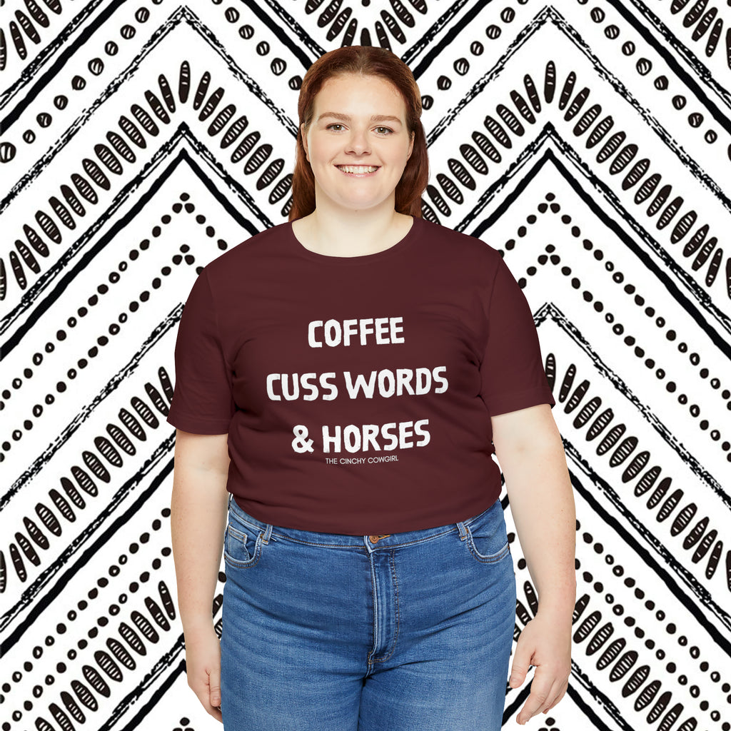 Coffee, Cuss Words, & Horses Short Sleeve Tee tcc graphic tee Printify   
